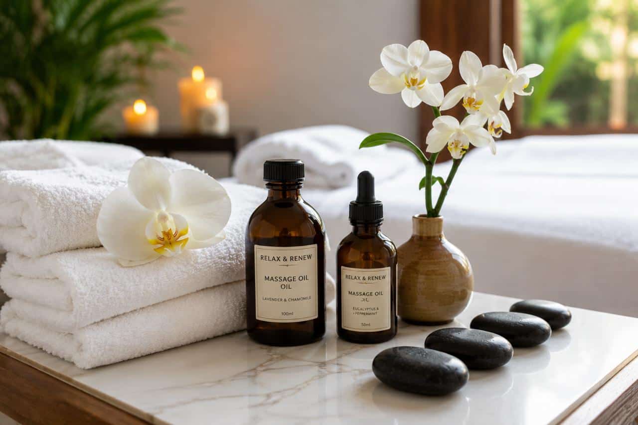clean spa treatment supplies including towels oils and hot stones